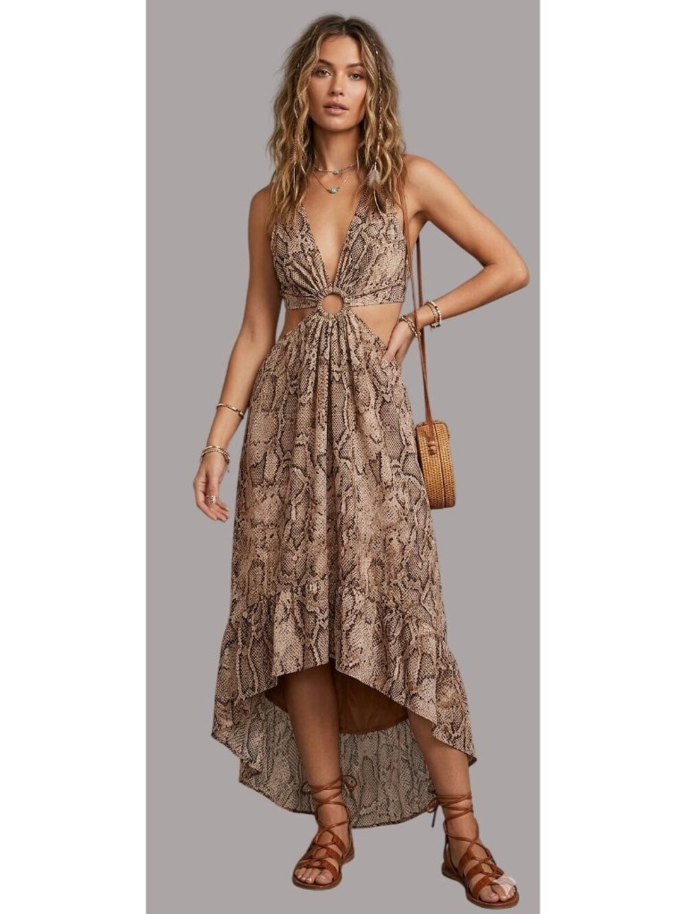 Indulge Instyle Womens Snakeskin Cutout Ring Hi-Low Hem Dress Brown Medium